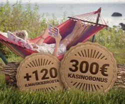100% talletusbonuksen jopa 300€ + 120 ilmaiskierrosta